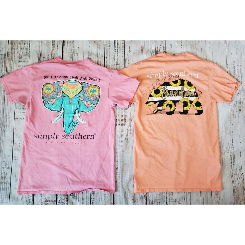 Lot Of 2 S Simply Southern Short Sleeve T Shirt Grandma Bear Elephant Pink Peach